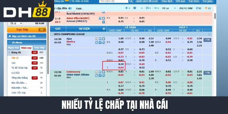 Nhiều tỷ lệ chấp tại nhà cái